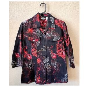 Vintage 90s Button Up Blouse Silk/Linen Paisley Floral Print